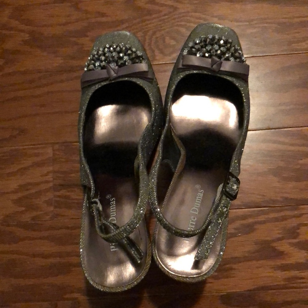 Pierre Dumas Silver Glitter Strap Bow Slingback High Heels Size 8.5